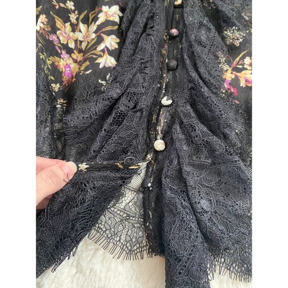 Anthropologie Black Lace Ruffle Floral Sheer Blouse - Picture 9 of 13
